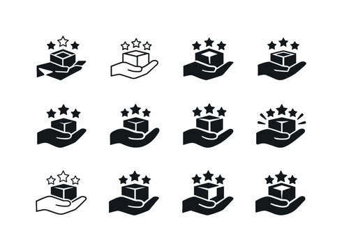 Product Recommendation Icons. Product recommendations. Icon set. Set Logo of product recommendations: hand presenting product with rating stars. harmonious