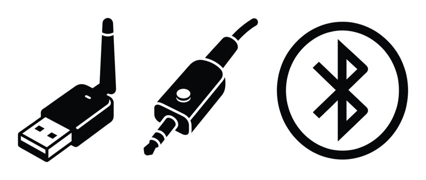 Set of black vector icons depicting wifi adapter audio jack bluetooth symbol