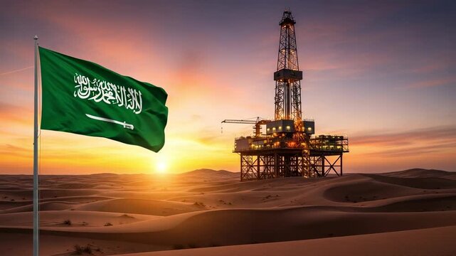 Saudi Arabia flag waving in the desert with an oil rig at sunset, energy industry and petroleum production concept in the Middle East