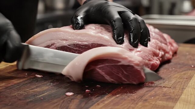 Butcher trimming fat off a large cut of raw pork