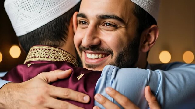 Two young adult Muslim men in traditional clothing hugging and smiling during Eid celebration, expressing brotherhood and friendship in a warm indoor setting.