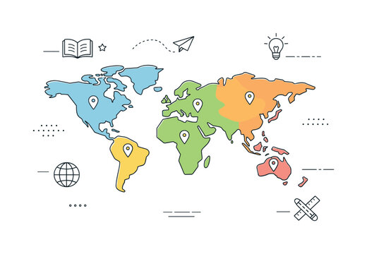 Minimalist Educational World Map. World map education graphic. A simplified map designed for learning, with clearly separated continents and minimal geographic
