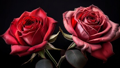 Close Up Of Two Faded Vibrant Red Roses Their Petals Are Slightly Wrinkled And Dried With Hints Of Pale Pink Dark Green Stems And Buds Are Visible Black Background Isolates The Flowers