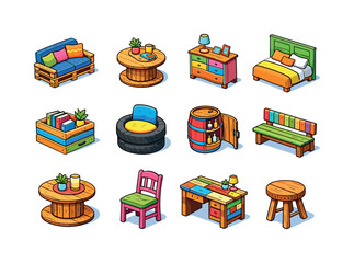 Fototapeta premium Upcycled Furniture Icons. Upcycled furniture. Colorful isometric vector icons set of Upcycled furniture: pallet couch, spool coffee table, refurbished dresser,