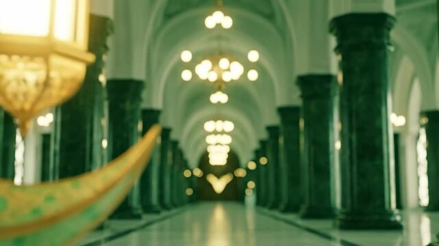 Ramadan Kareem background with hanging green crescent moon and glowing golden lantern in a mosque hallway with bokeh lights and pillars