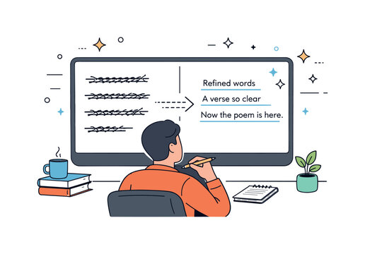 Refined Creative Writing. Creative writing and poetry sections editing. A focused scene of a writer revising text on a screen with crossed-out lines turning