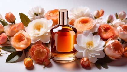 In A Serene Floral Arrangement Soft Peach And White Blossoms Elegantly Encircle A Sleek Bottle Containing A Rich Amber Liquid