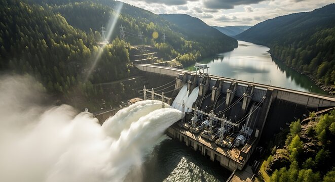 Hydroelectric dam releases a powerful torrent of water into the river below, surrounded by lush green forested mountains under a cloudy sky, showcasing renewable energy generation.