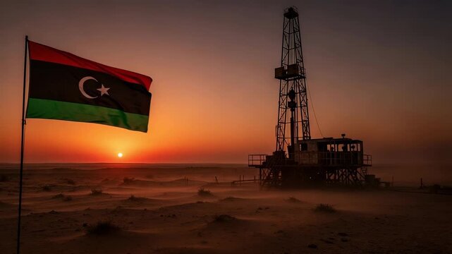 Libyan Flag Waving Near Oil Rig in Desert at Sunset, Energy Industry and National Resources Concept in North Africa