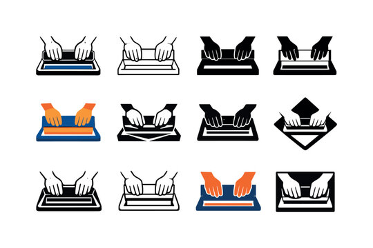 Screen Print Icons. artwork with a screen press. Icon set. Set Logo of artwork with a screen press: hands pulling squeegee. harmonious logo variations of the