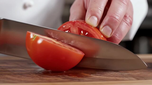 Chef slicing a ripe red tomato with a sharp knife
