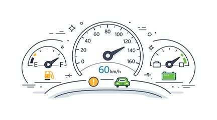 Naklejka premium Modern Car Dashboard. Car dashboard with indicators. A clean interior scene showing a modern car dashboard with speedometer, fuel and battery indicators