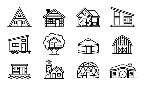 Alternative housing architecture icons for tiny homes cabins yurts and sustainable living structures