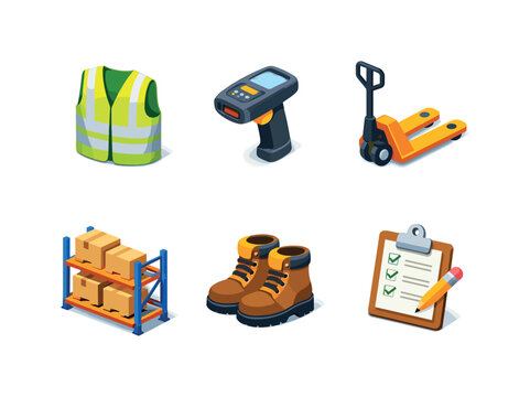 Warehouse Isometric Icons. Warehouse. Isometric flat vector icons set of Warehouse: reflective vest, barcode scanner, pallet jack, storage rack, safety boots,