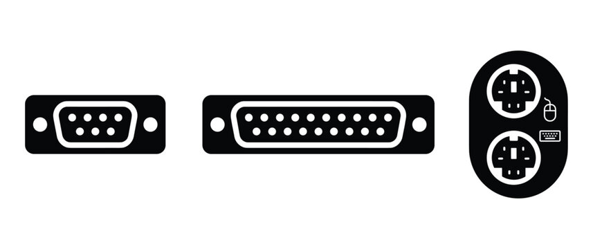 Computer ports and connections for serial ata ps2 and db9 db25 connectors on transparent background