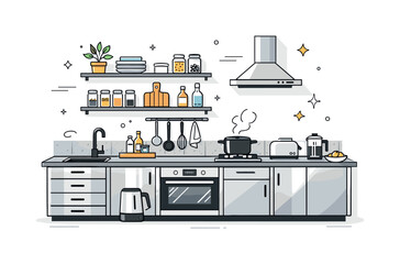 Fototapeta premium Modern Minimalist Kitchen. Industrial kitchen design. A modern kitchen with metal cabinets, open shelves, concrete surfaces, and simple utensils on display.