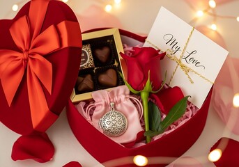 Valentine's Day Gift Box with Rose, Chocolates, and Jewelry