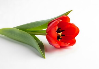 Red Tulip Flower with Green Leaves
