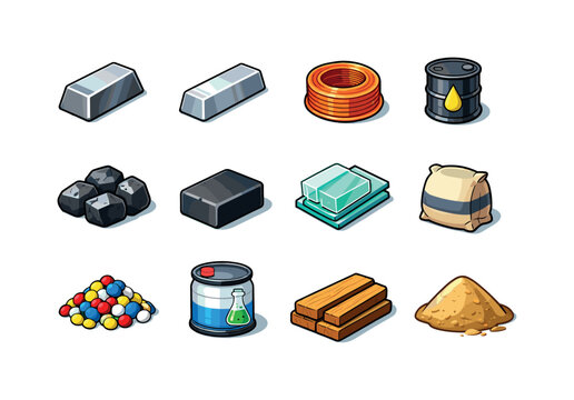 Colorful Industrial Icon Set. Industrial materials. Colorful isometric vector icons set of Industrial materials: steel ingot, aluminum bar, copper wire coil,