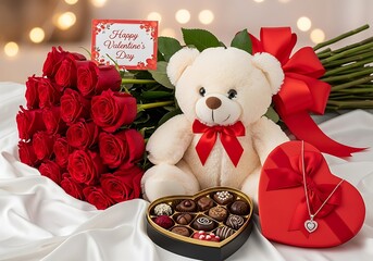 Valentine's Day Gift with Teddy, Roses, Chocolates, and Jewelry