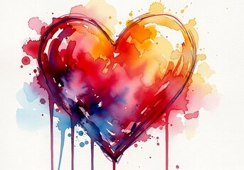 Colorful Heart Watercolor Painting, Valentine's Day Art, Red Orange Heart