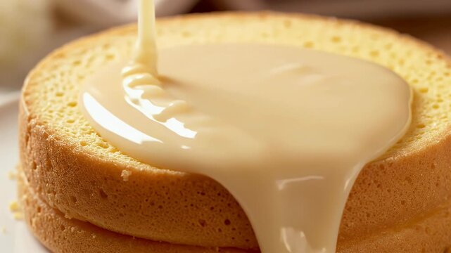 Condensed milk pouring onto stacked sponge cake layers