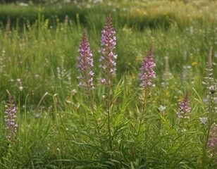 Fototapeta premium A delicate and intricate willow-herb plant with tiny white blooms, nestled among the tall grasses and wildflowers of a sunny meadow , willow herb, blooming, flowers