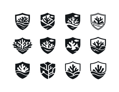 Coral Reef Icons. Coral reef protection. Icon set. Set Logo of Coral reef protection: marine conservation emblem. harmonious logo variations of the same