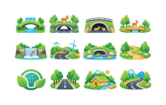 Eco Infrastructure Icons. Eco infrastructure. Colorful flat vector icons set of eco infrastructure: green bridge, wildlife overpass, under-road tunnel, animal