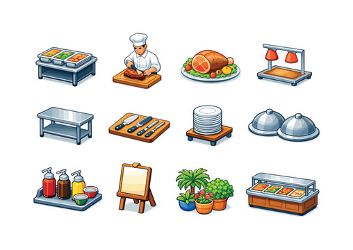 Buffet Carving Icons. Buffet carving station. Colorful isometric vector icons set of buffet carving station: hotel buffet setup, carving chef, roast meat