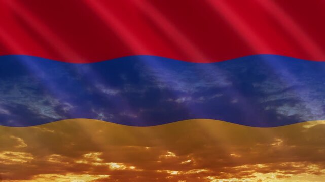 Flag of Armenia waving against a vibrant sunset, creating a patriotic and inspiring atmosphere with warm tones.