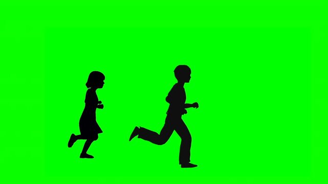 Young girl and boy running profile green screen