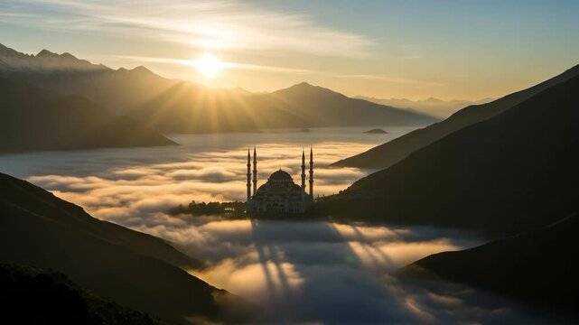 Majestic mosque with four minarets and a dome nestled in a mountain valley filled with thick white clouds at sunrise, spiritual and serene landscape with golden sunlight.