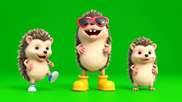 Dancing hedgehogs in cartoon style, wearing boots and sunglasses, on a bright green background, playful and cheerful, animation, fun, humor, render
