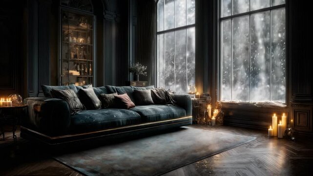 A living room shows a velvet sofa with golden trim. Soft rug lies on the wooden floor. Outside the bay window, snow falls softly. Candles glow on the side table, creating a warm atmosphere
