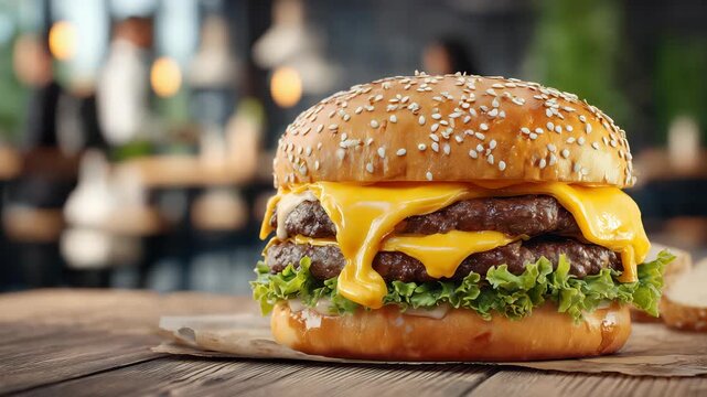 A cheeseburger sits on a wooden table in a modern cafe. The burger features melted cheese dripping and fresh lettuce inside a sesame bun