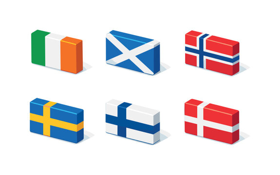 Global Flags Grid Art. Global Holidays World Flags. Isometric flat vector icons set of Global Holidays World Flags: Ireland flag, Scotland flag, Norway flag,