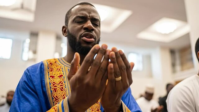 Close up of a young African Muslim man in traditional blue and gold clothing praying with hands raised in a mosque during Ramadan