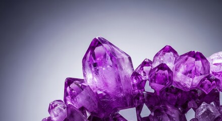 Fototapeta premium Extreme macro close-up of sharp, purple quartz crystals showing natural facets, deep color saturation, and sparkling internal light refraction, crystal, rough, color
