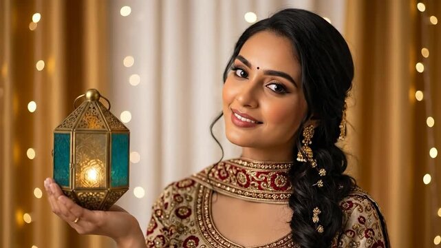 Beautiful Young Indian Woman in Traditional Salwar Kameez Holding a Glowing Lantern During Diwali Celebration with Bokeh Lights Background