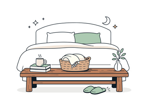 Rustic Bedroom Serenity. Quiet bedroom styling detail. A rustic wooden bench anchors the space at the foot of the bed, suggesting everyday practicality and