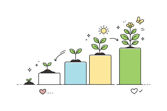 Geometric Growth Journey. Springtime self-growth. Small plants growing step by step alongside simple geometric blocks. The illustration emphasizes patience,