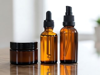 Amber Glass Cosmetic Bottles with Dropper on Wooden Table