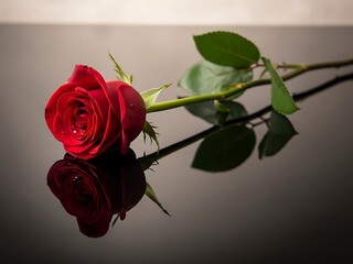 Red rose on reflective surface, romantic still life