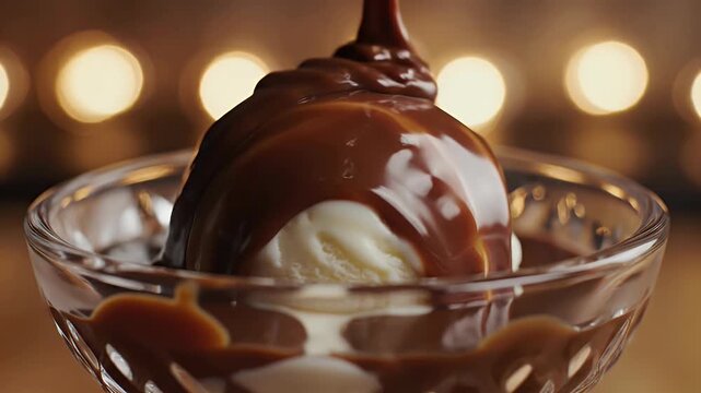 Hot fudge being poured over a scoop of ice cream