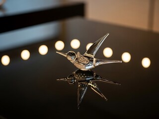 Silver Bird Figurine on Reflective Surface with Soft Lighting