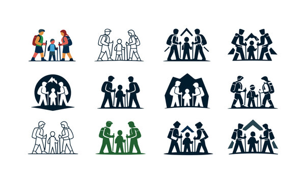 Family Hiking Icons. family hiking together. Icon set. Set Logo of family hiking together: parents and child holding trekking poles. harmonious logo variations
