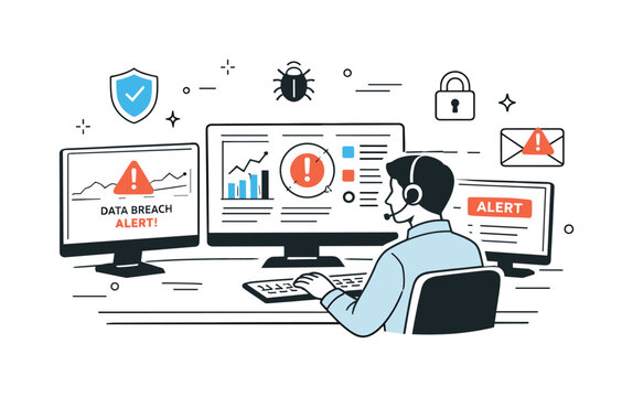 Cybersecurity Alert Monitoring. Data breach detection. A cybersecurity analyst monitoring computer screens with alerts and graphs, identifying unusual activity