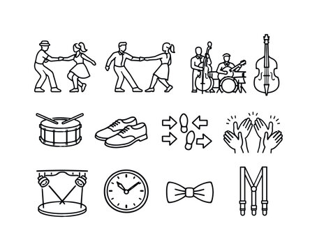 Lindy Hop Icons. Lindy hop party. Line icon set of Lindy hop party: lindy hop dancers, swing out move, jazz trio, upright bass, snare drum, dance shoes, dance