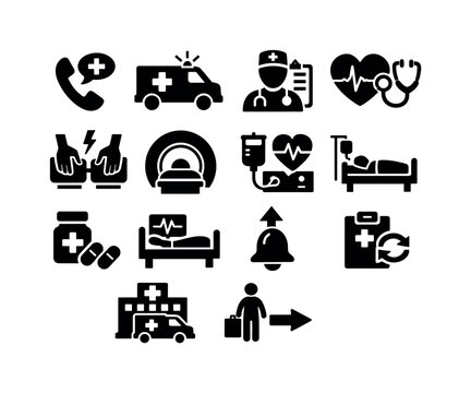 Emergency Treatment Icons. Emergency treatment process. Solid icon set of emergency treatment process: emergency call icon, ambulance symbol, ER triage, urgent
